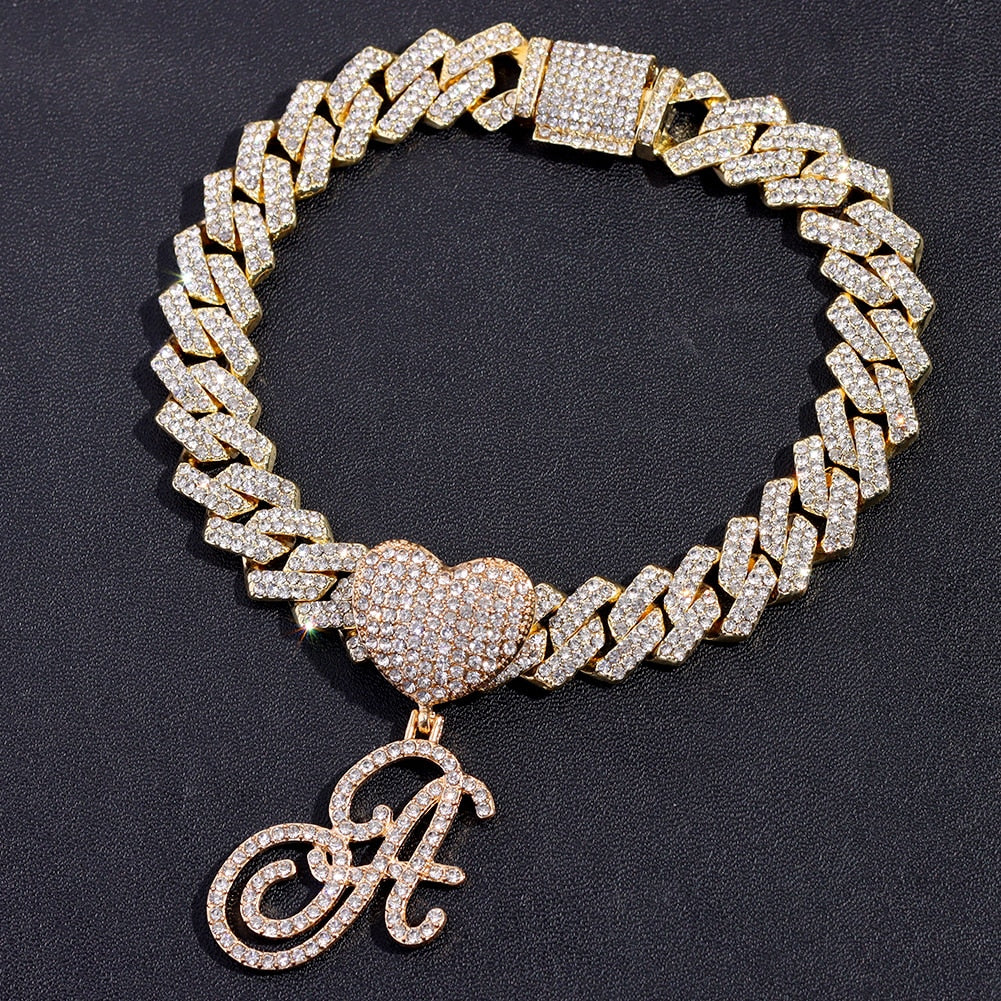 New A-Z Cursive Letter Initial Heart Cuban Anklets For Women Hip Hop Bling Rhinestone Cuban Chain Anklet Bracelet Foot Jewelry