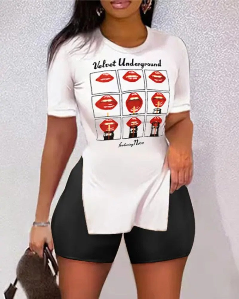 Women O Neck Letter Print Split Hem Short Sleeve Ladies Top & Shorts Set Summer Casual Oversized Two Piece Suits