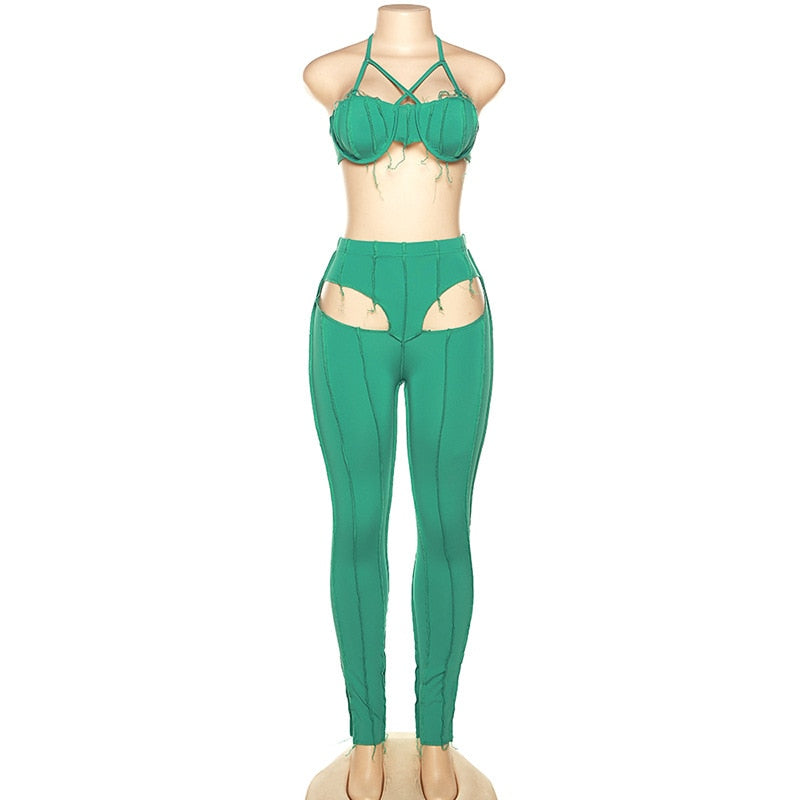 Adogirl Summer Solid Two Piece Set Women Sleeveless Halter Crop Tops + Leggings Female Sexy Party Club Y2k Streetwear Outfits