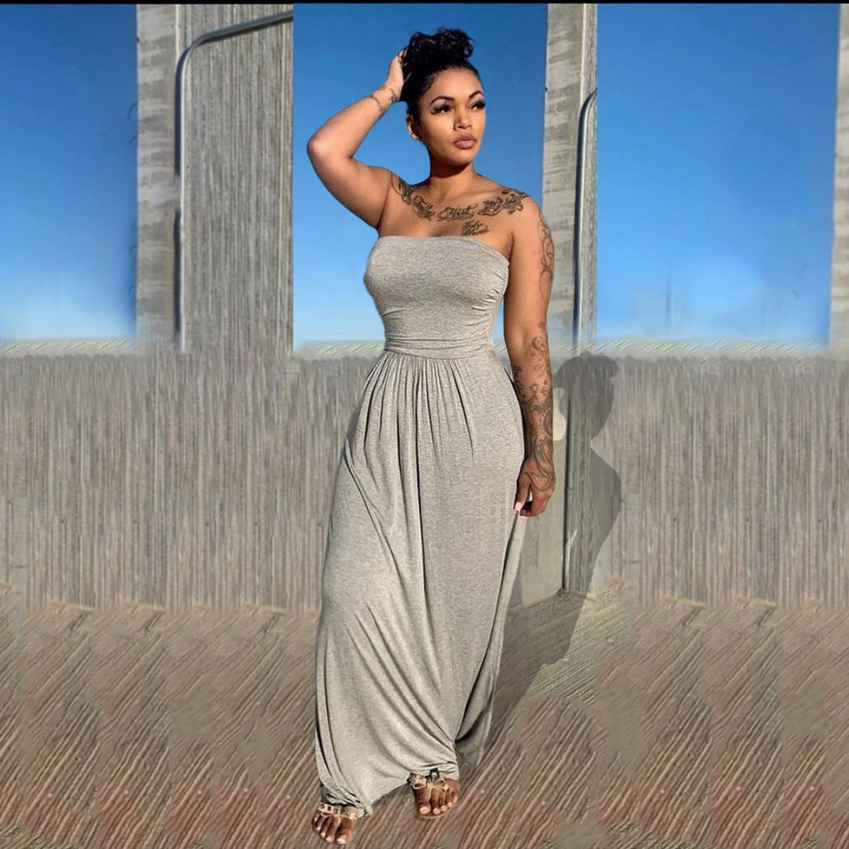 Women Casual Strapless High Waist Loose Hem Maxi Dress for Streetwear Beach Sexy Summer Floor Length Long Dresses