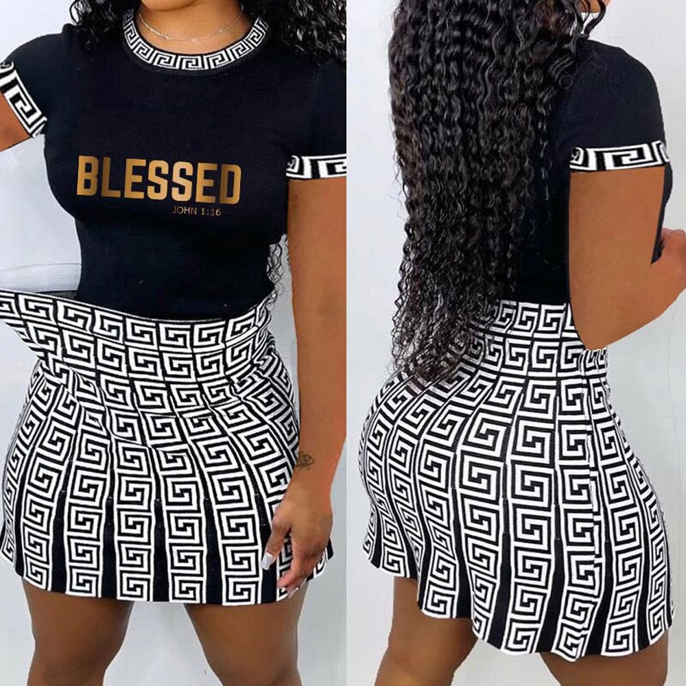 H.Y 2022 New Summer and Autumn Women's Fashion Sexy Striped Print Round Neck Skirt Short Sleeve T-shirt two-Piece Nightclub