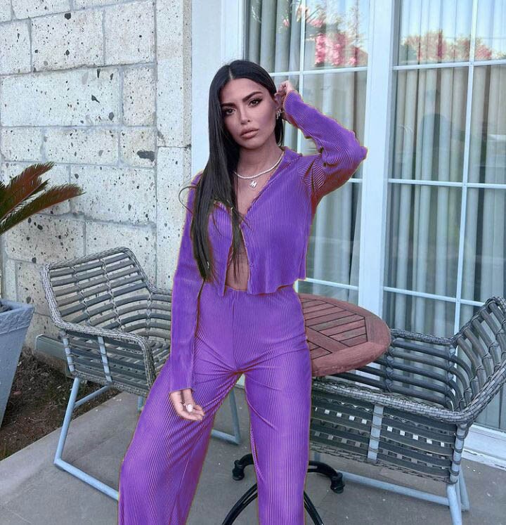 Women Pleated Sets Long Sleeve Blouse Two Piece Sets Casual Outifits Tracksuit Green Loose High Waist Wide Leg Pants Suits 2022