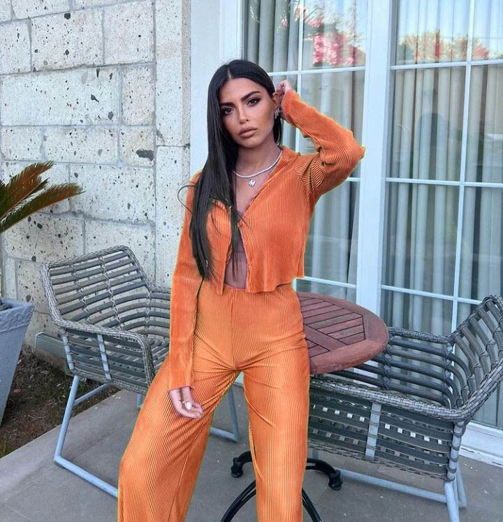 Women Pleated Sets Long Sleeve Blouse Two Piece Sets Casual Outifits Tracksuit Green Loose High Waist Wide Leg Pants Suits 2022