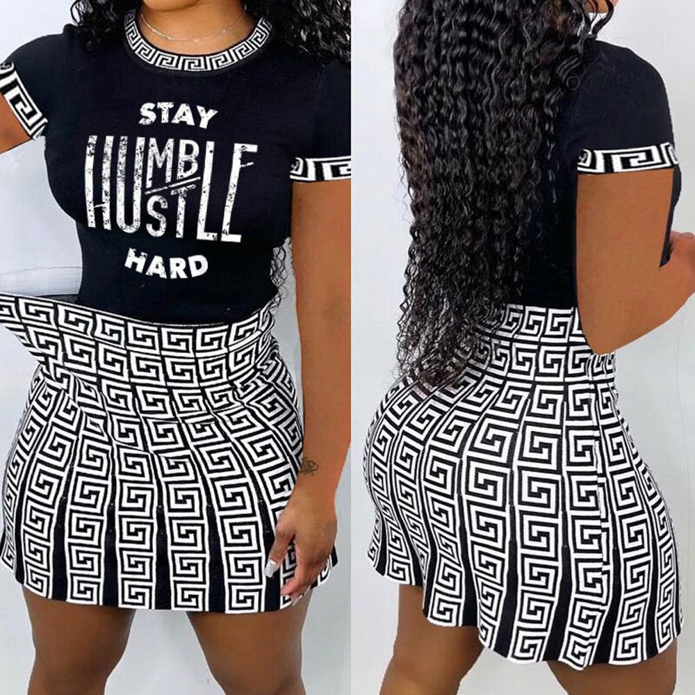 H.Y 2022 New Summer and Autumn Women's Fashion Sexy Striped Print Round Neck Skirt Short Sleeve T-shirt two-Piece Nightclub
