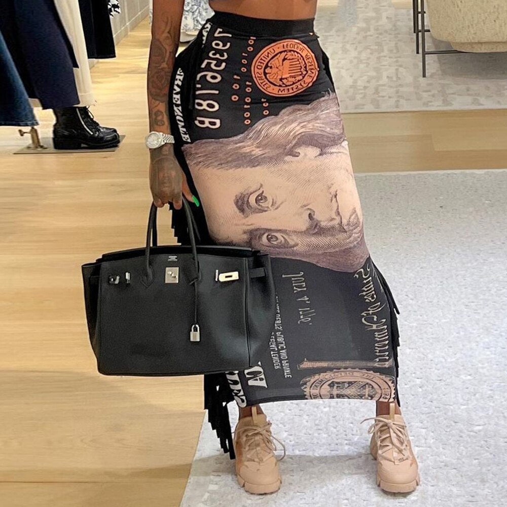 2022 Autumn And Winter New Style Woman Skirts Streetwear Fashion Tassel Dollar Print High Waist Slim Skirt Long Skirts For Women