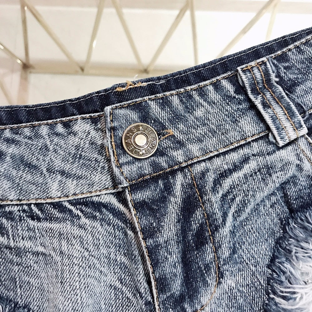 2021 New Women Sexy Low Waist Hole Tassel Denim Shorts Jeans Thong Short Feminino