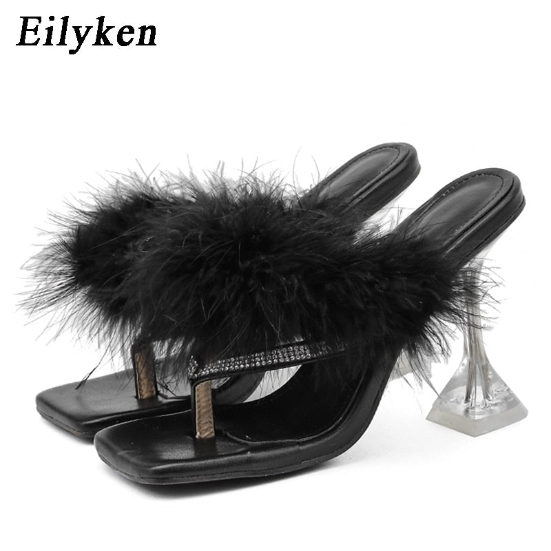 Eilyken Summer Slippers Women Furry Slides Fashion Square Toe Transparent Perspex Heels Rhinestone Sandals Female Flip Flop Shoe