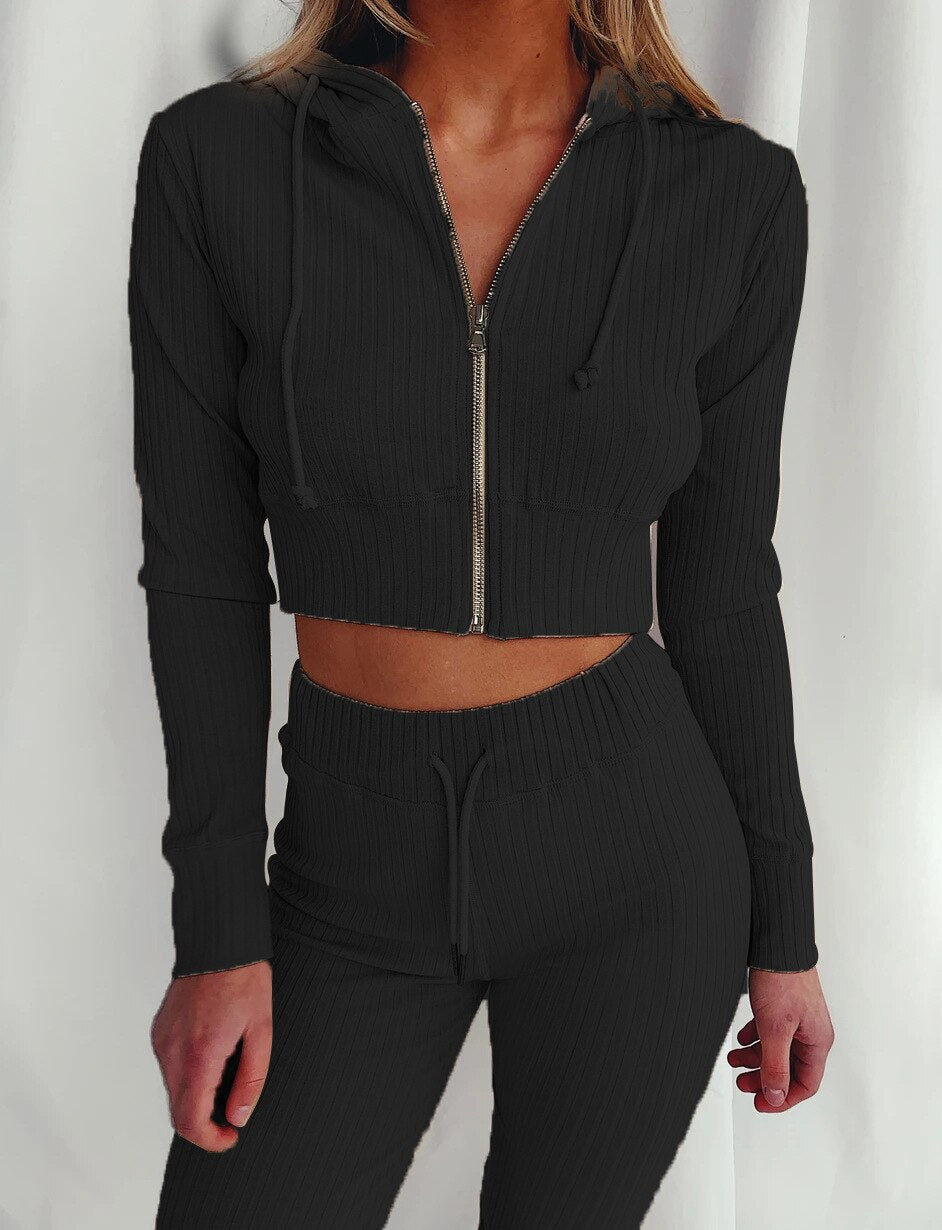 Ribbed Hoodie Two Piece Set Tracksuit Women Long Sleeve Sweatshirt Pencil Pants Suit Joggers Sport Fitness Outfits Sweatsuits