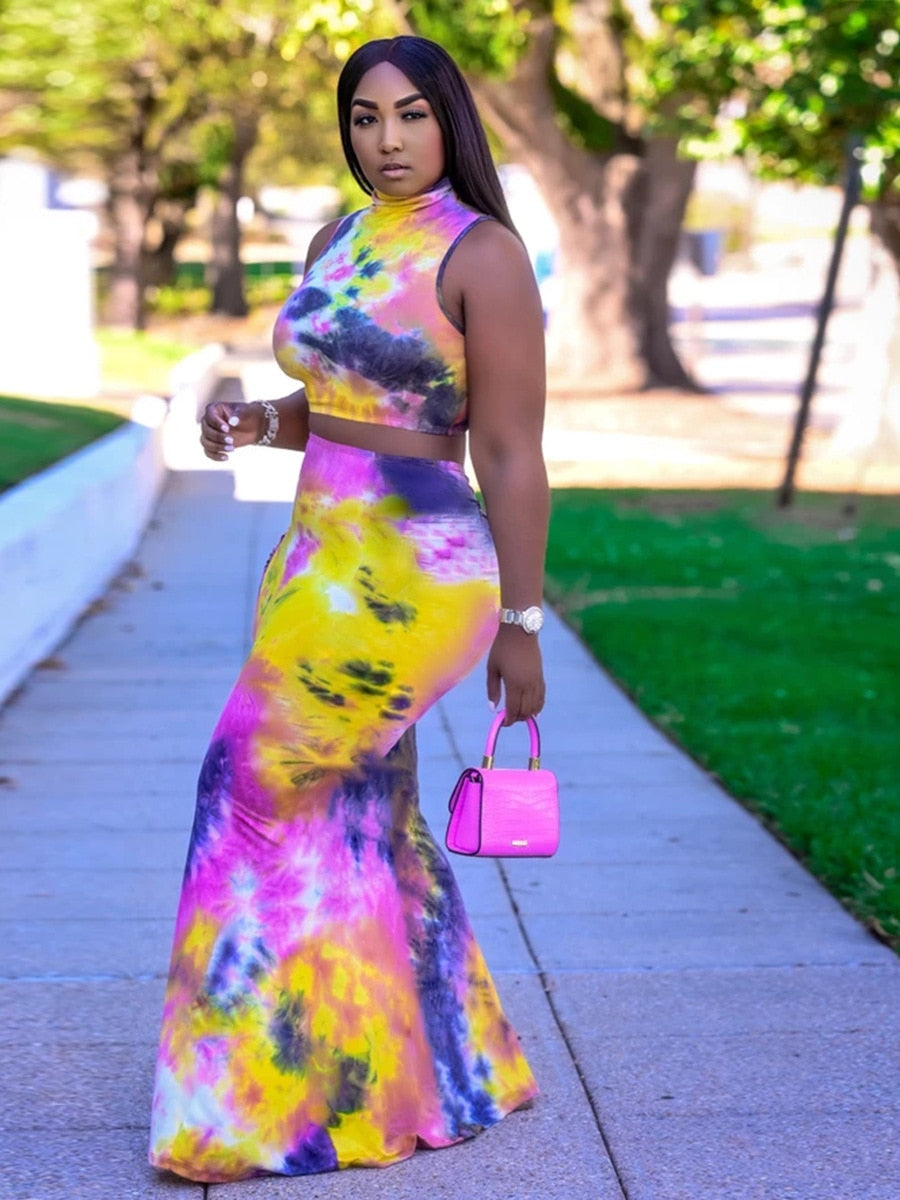 XL-5XL Plus Size Sets Women Clothing Summer 2021 Sexy Tie Dye Sleeveless Top And Long Skirt 2 Two piece set dress suit Wholesale
