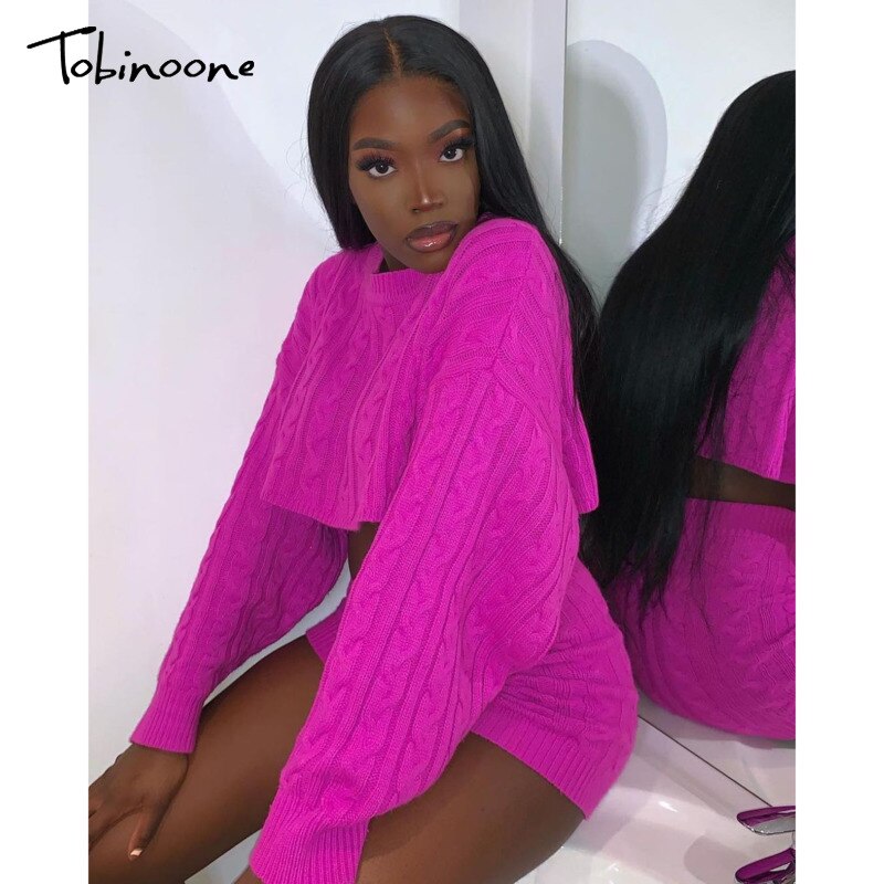 Tobinoone Two Piece Set Women Set Autumn Winter Outfits Long Sleeve Knitted Sweater Top And Shorts Pants Suit Sexy Sweater Set