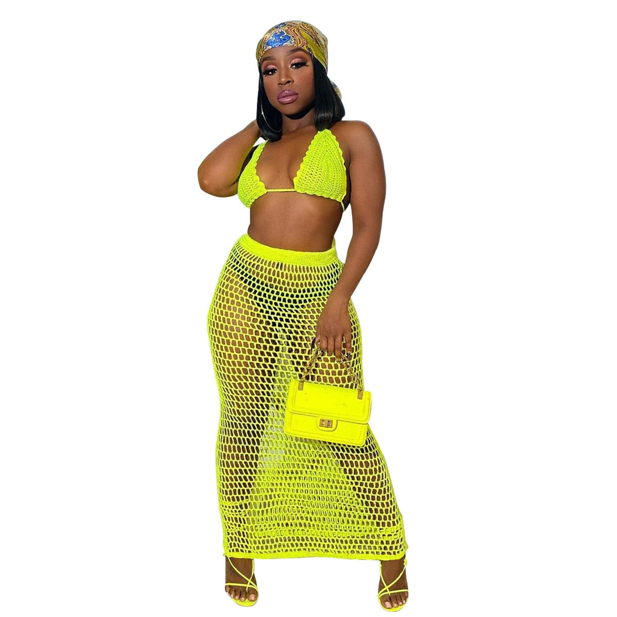 ANJAMANOR Hollow Out Crochet Sexy Summer Two Piece Set Top and Skirts Matching Sets Beach Cover Up Neon Club Outfits D48-DD20