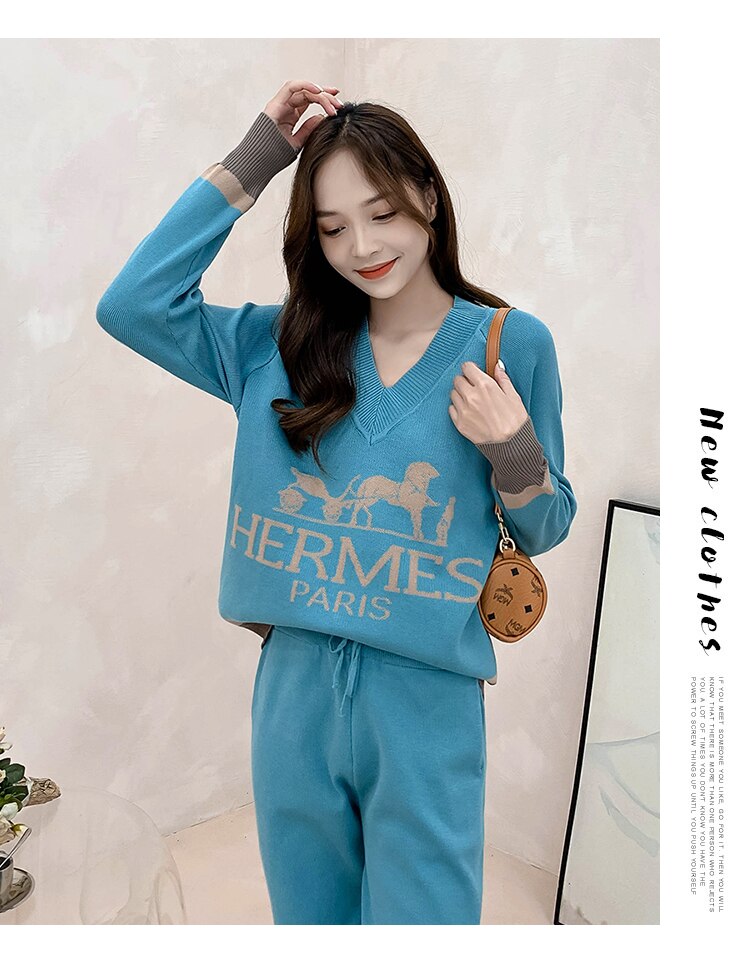 Design 2 Pieces Set Women Oversize Tracksuit V NECK Sweater Pullover Straight Pant Sweater Set CHIC Knitted Outwear Sweater Suit