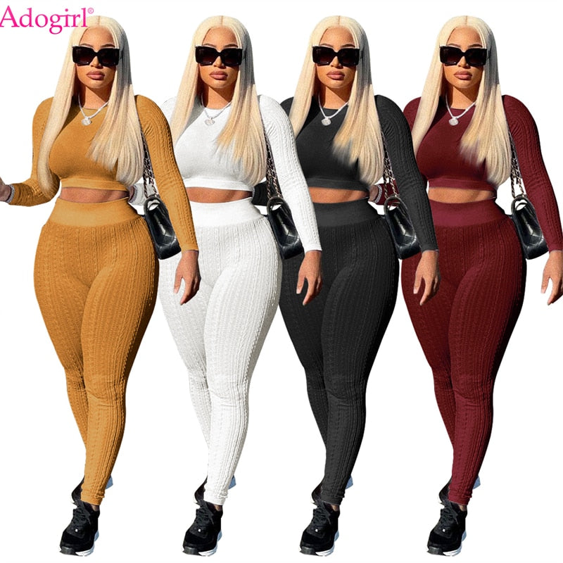 Adogirl Sweater Patchwork Solid Two Piece Set Women Tracksuit Long Sleeve Crop Top High Waist Pants Stretchy Casual Suits