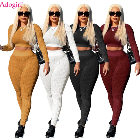 Adogirl Sweater Patchwork Solid Two Piece Set Women Tracksuit Long Sleeve Crop Top High Waist Pants Stretchy Casual Suits
