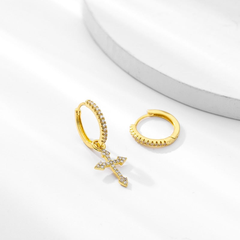 New Fashion Mini Zircon Cross Drop Pendant Hoop Earrings Hip Hop Asymmetric Dangle Earrings For Women Men Jewelry Ear Accessorie