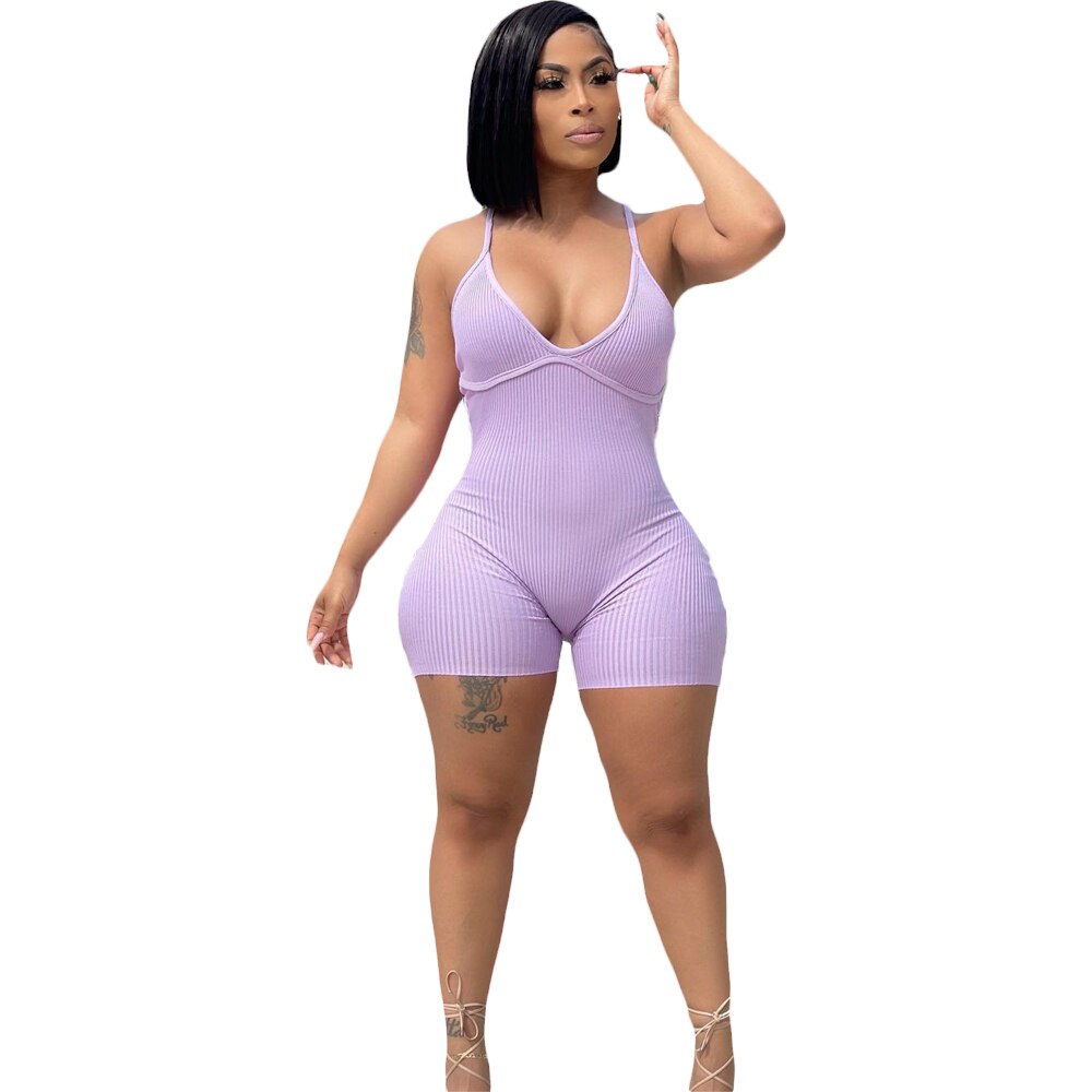 Women Solid Color Jumpsuit 2021 Summer Suspenders V-Neck Catsuit Sexy Outdoor Club Clothing