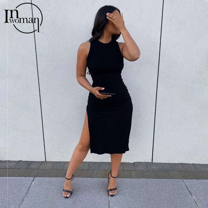 Inwoman Ribbed Knitted Summer Black White Maxi Dress For Women 2022 Sexy Bodycon Long Dress Sundress Ladies Brown Wrap Dresses