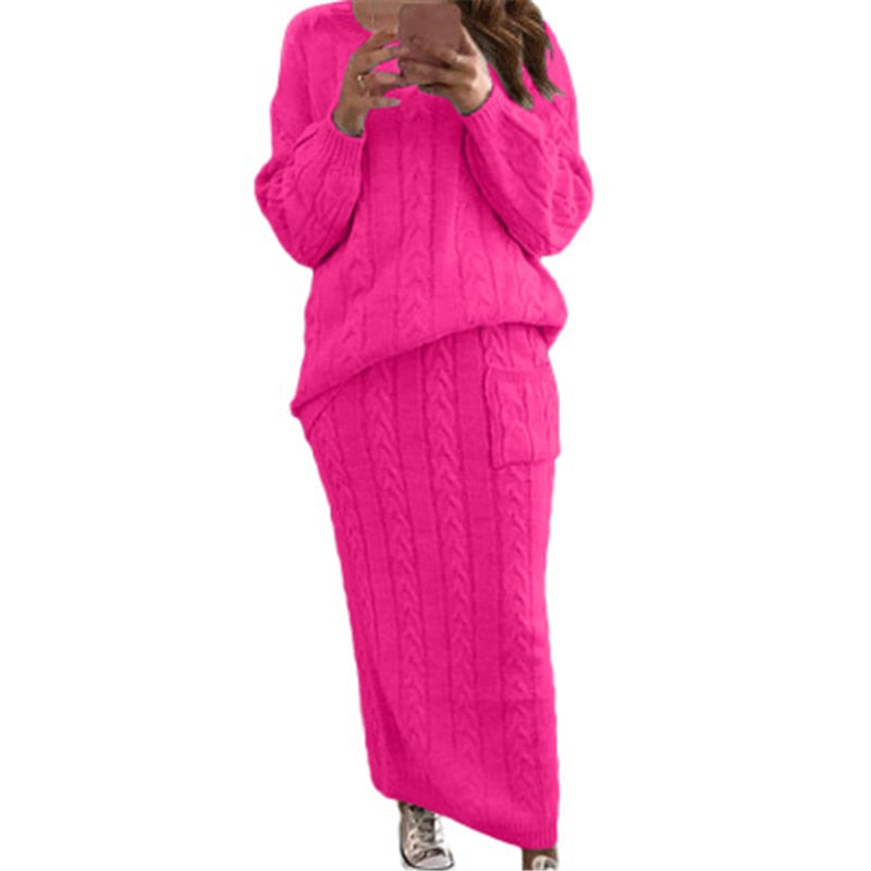 Fashion Streetwear Ribbed Knitted 2 Piece Outfits Full Sleeve Sweater Matching Set Plus Size Skirt Elegant Casual Fall Clothing