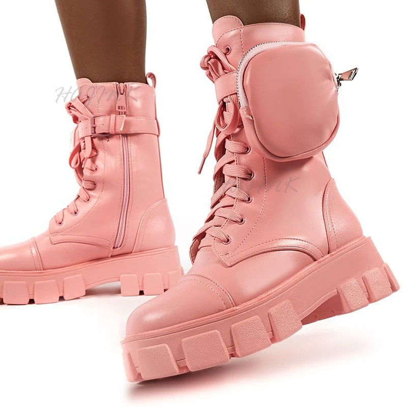 Women Boots 2020 Fashion Chunky Boots Pocket Platform Boots White Shoes For Women Autumn Winter Boots High Heels Botas Mujer