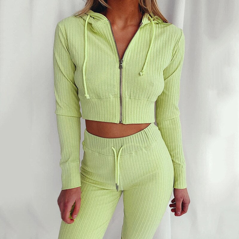 Ribbed Hoodie Two Piece Set Tracksuit Women Long Sleeve Sweatshirt Pencil Pants Suit Joggers Sport Fitness Outfits Sweatsuits