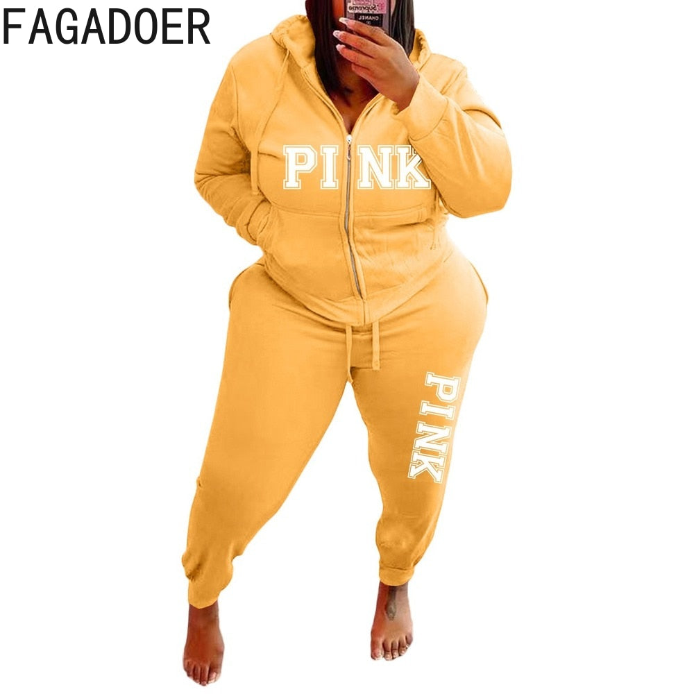 FAGADOER 2022 Plus Size Sporty PINK Letter Print Fashion Spring Set High Waist 2 Piece Set L-5XL Women Gym Clothing Pant Sets