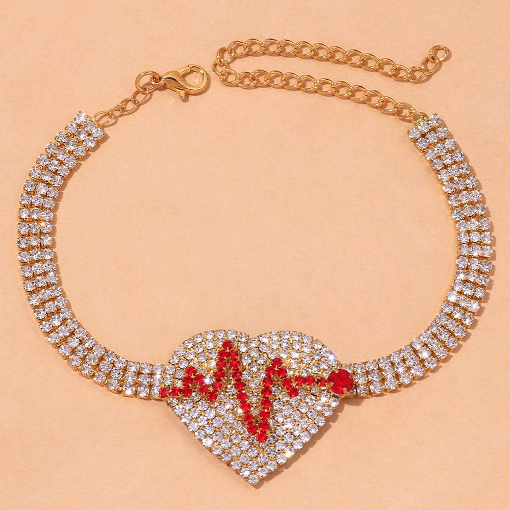 Stonefans Fashion Tennis Chain Rhinestone Heart Anklet for Women Beach Crystal Heartbeat Anklet Bracelet on the Leg Boho Jewelry