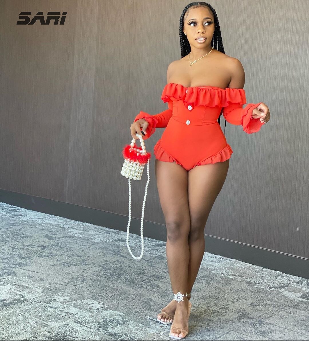 Sexy Solid Ruffle Slash Neck Jumpsuit Women Flare Long Sleeve Top Shorts Swimsuit New Mesh Patchwork Outfits For Women