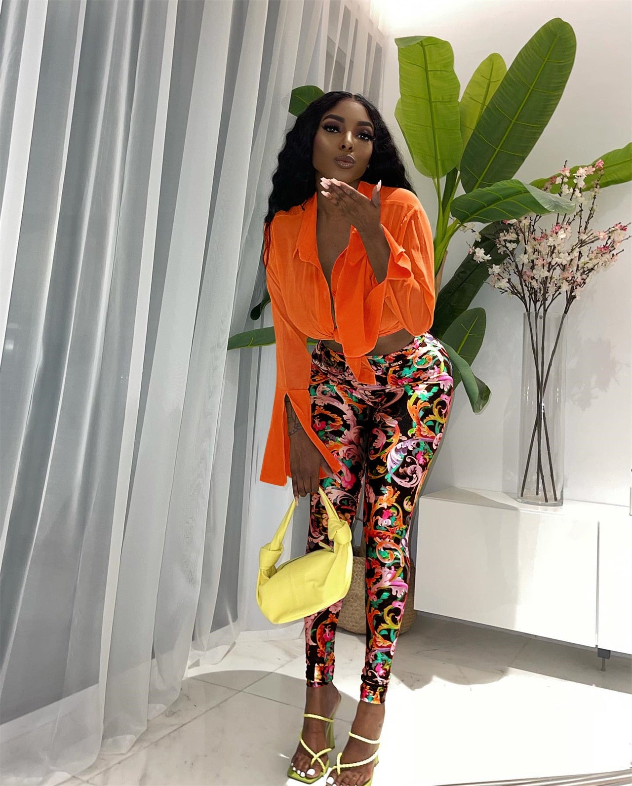 ANJAMANOR Sexy Two Piece Set Crop Top Shirts Printed Leggings Club Outfits for Women Pants Sets Bulk Wholesale Clothing D44-DD30