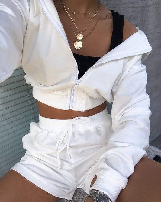 Autumn New Fashion 2Pcs Sports Clothing Suit Casual Womens Girls Zipper Sweater Hoodie Long Sleeve Hoodies+High Wait Shorts Sets