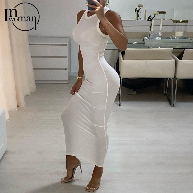 Inwoman Ribbed Knitted Summer Black White Maxi Dress For Women 2022 Sexy Bodycon Long Dress Sundress Ladies Brown Wrap Dresses