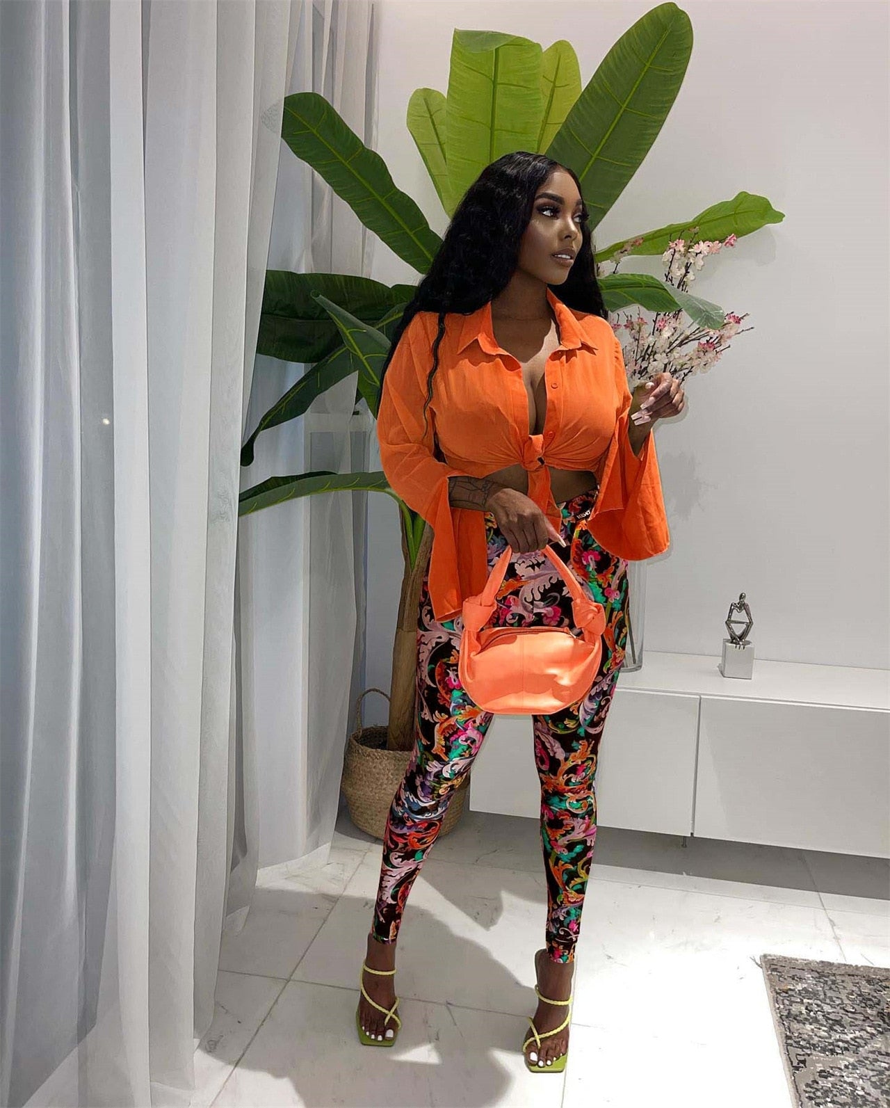 ANJAMANOR Sexy Two Piece Set Crop Top Shirts Printed Leggings Club Outfits for Women Pants Sets Bulk Wholesale Clothing D44-DD30