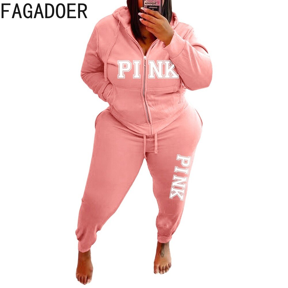 FAGADOER 2022 Plus Size Sporty PINK Letter Print Fashion Spring Set High Waist 2 Piece Set L-5XL Women Gym Clothing Pant Sets