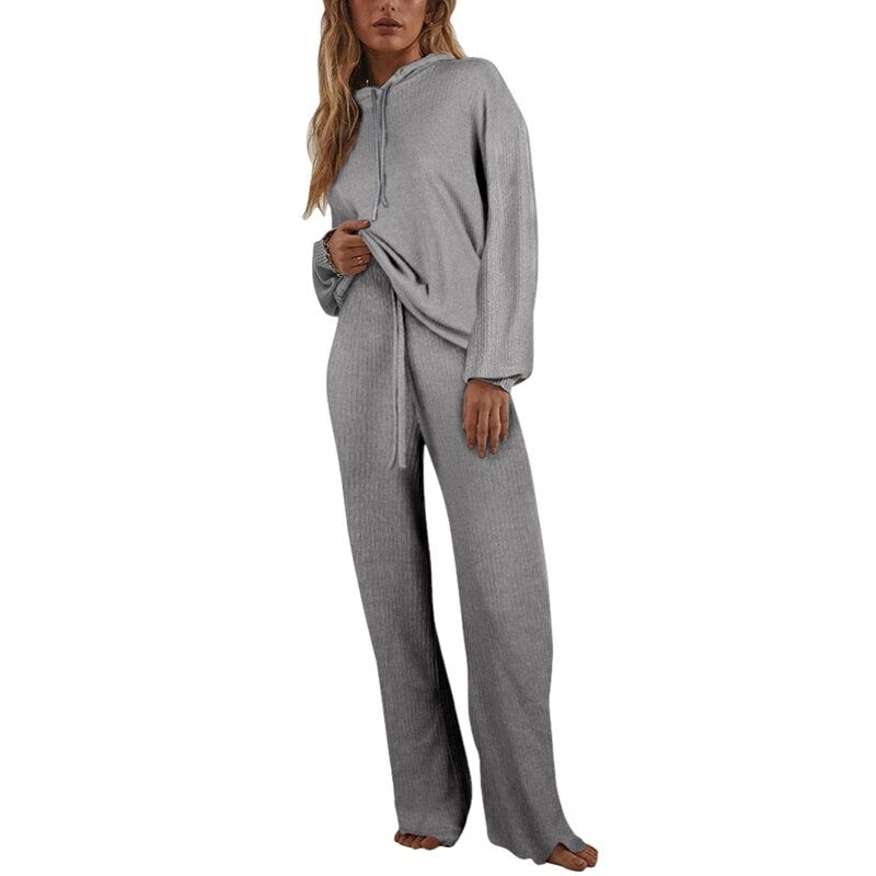 Autumn Knitted Sweat Suits Women Matching Sets Long Sleeve Hoodie+wide-legged Pants Loungewear Sweater Set Two Piece Outfits