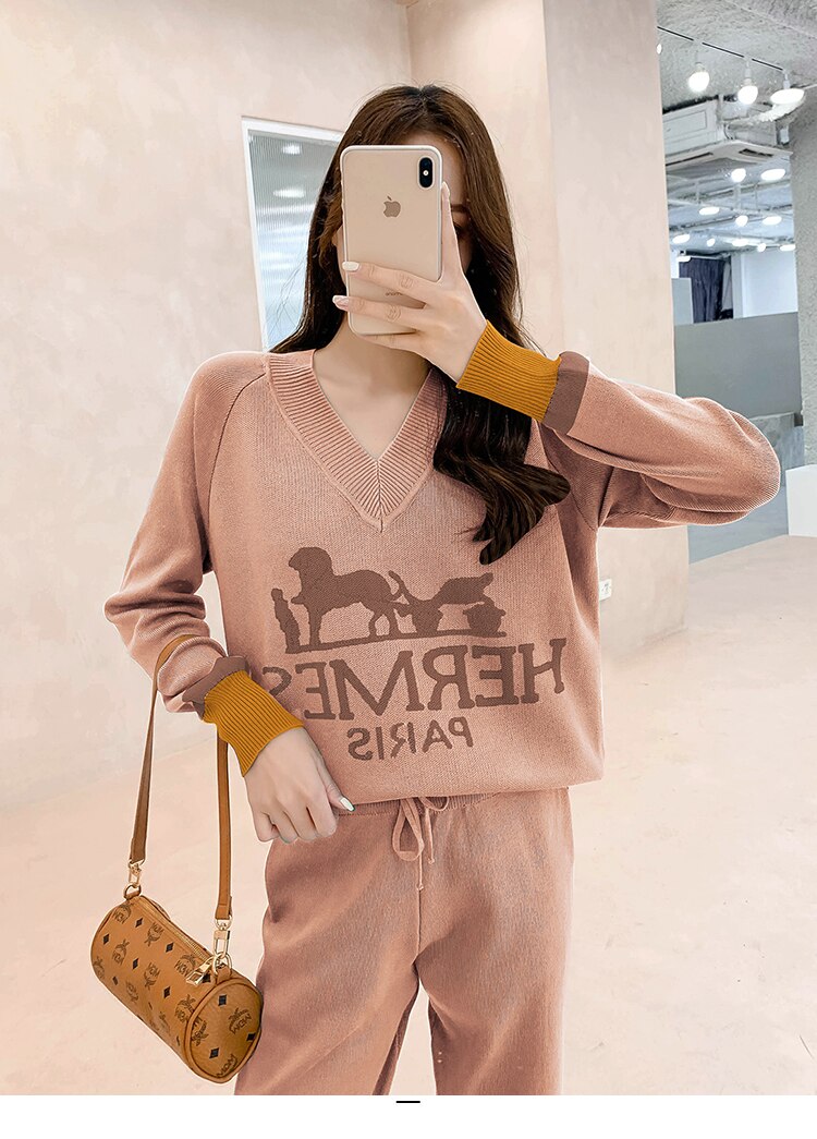 Design 2 Pieces Set Women Oversize Tracksuit V NECK Sweater Pullover Straight Pant Sweater Set CHIC Knitted Outwear Sweater Suit
