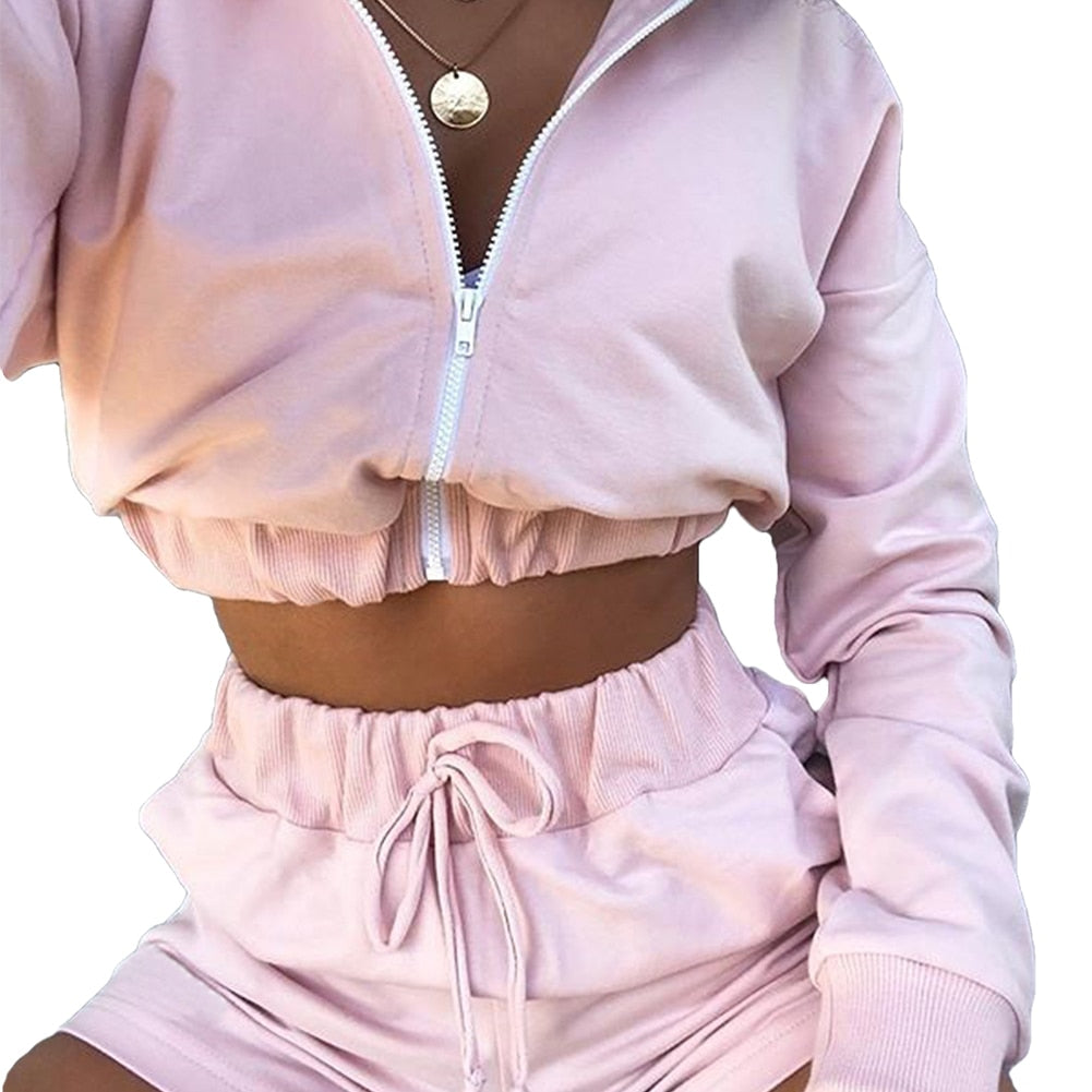 Autumn New Fashion 2Pcs Sports Clothing Suit Casual Womens Girls Zipper Sweater Hoodie Long Sleeve Hoodies+High Wait Shorts Sets
