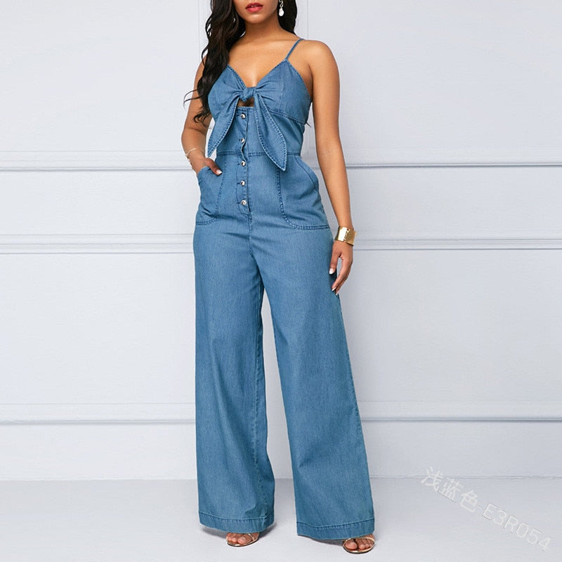HIRIGIN Summer Women's Denim Jumpsuit Sexy High Waist Wide Leg Long Pants Romper Front Tie Knotted Jeans V-neck Overalls 2021