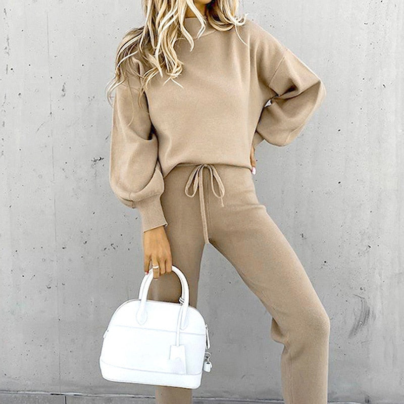 2021 autumn and winter new style women's fashion high collar leisure long sleeve solid color sweater pants two-piece set
