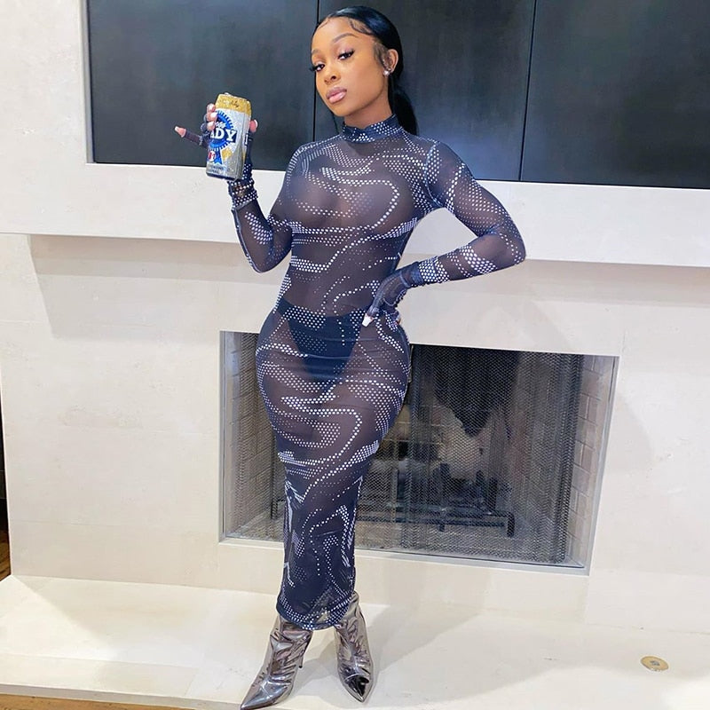 Mesh See Through Sexy Hot Maxi Dress Women Long Sleeve without Gloves Party Clubwear Print 2020 Hollow Out Bodycon Dresses
