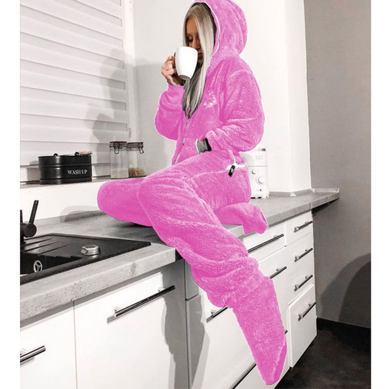 Jumpsuit Women Flannel Long Sleeve Jump Suits for Woman Homewear Pajamas Romers Solid Color Ladies Hooded Jumpsuits Outfits