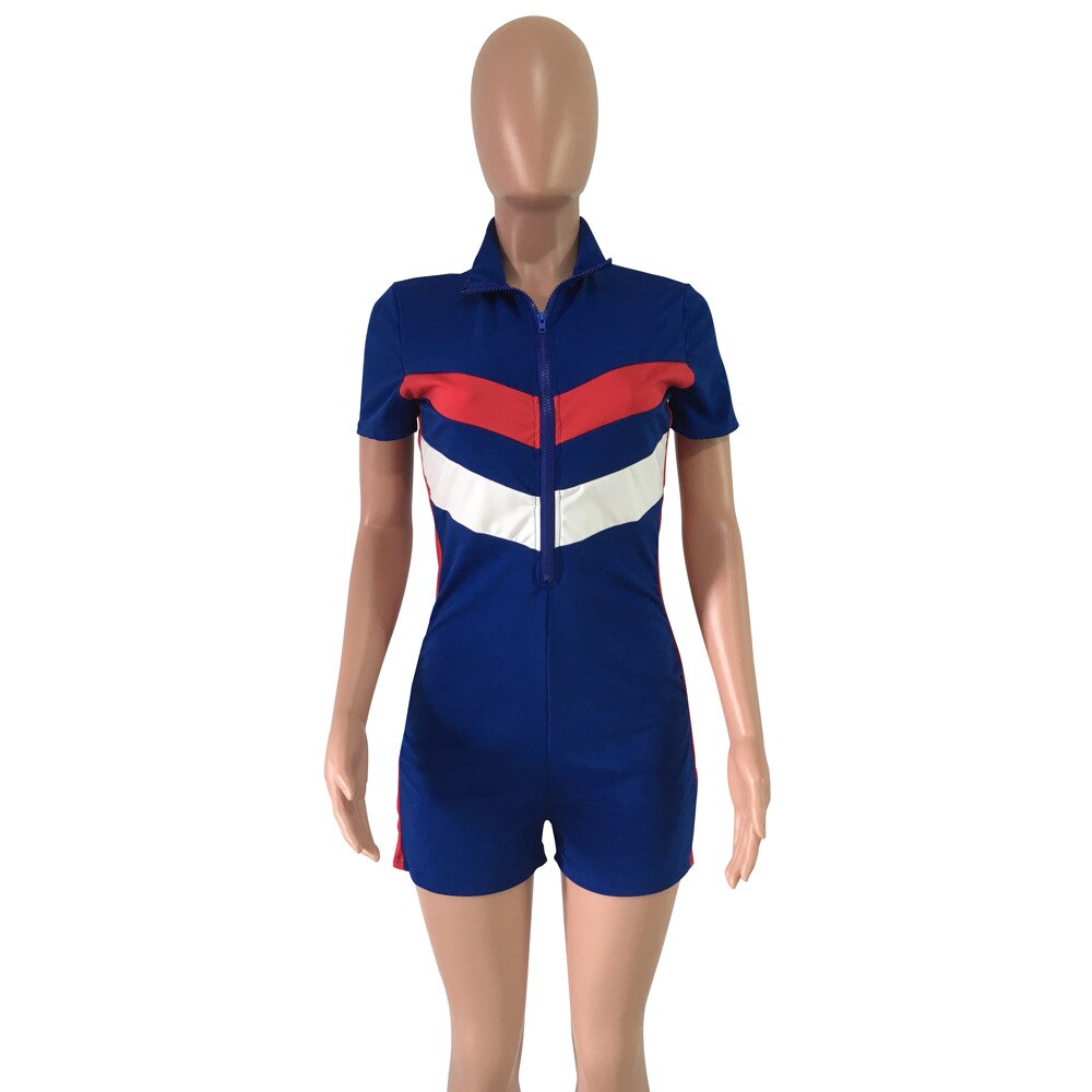 Romper Playsuit Shorts Jumpsuit Women Rumpers Fashion Zipper V Collar Short Sleeve Rompers Overall Leopard Patchwork Bodysuit
