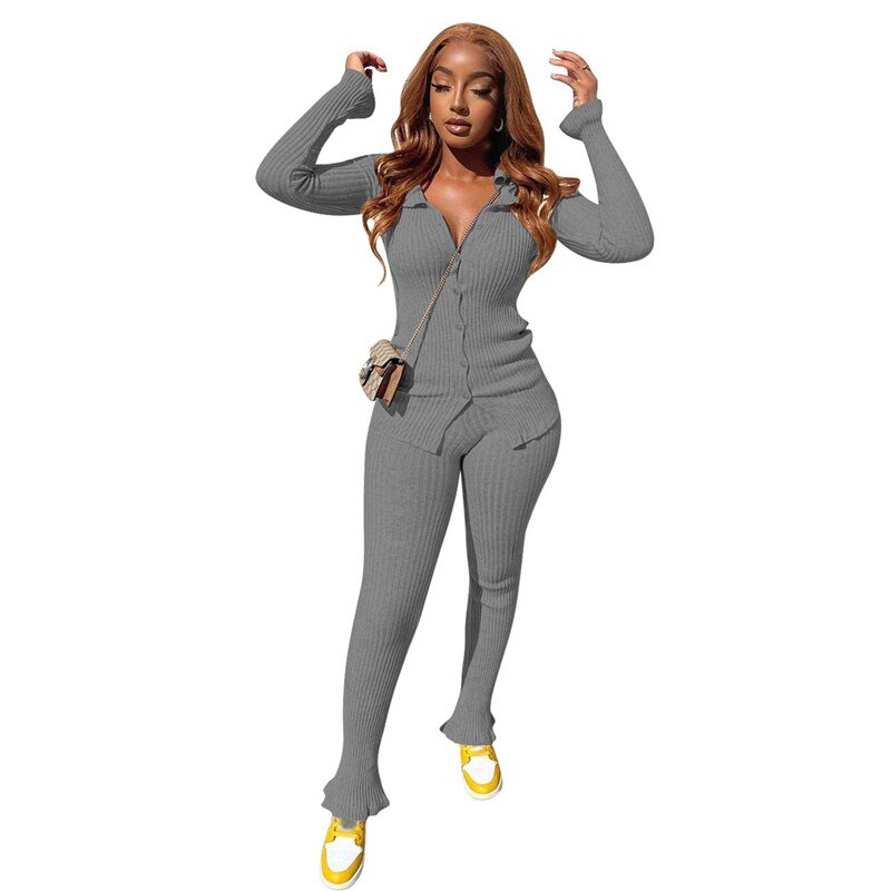 Autumn Women Knitted Tracksuit Long Sleeve Cardigan Sweater Skinny Pants Two Piece Set Ribbed Leggings Streetwear Outfits Ladies