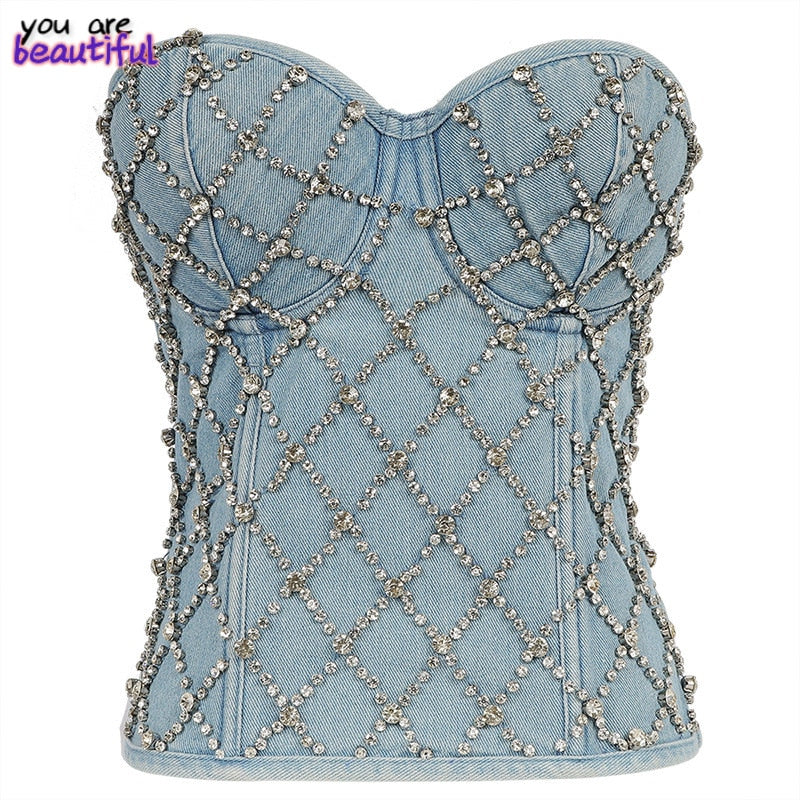 Sexy halter Denim Rhinestone corset crop top women corset tube top woman built in bra sequins off shoulder sleeveless jeans tee