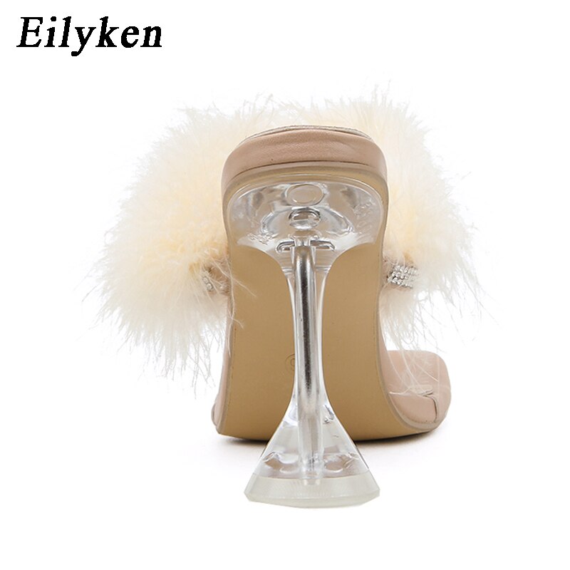 Eilyken Summer Slippers Women Furry Slides Fashion Square Toe Transparent Perspex Heels Rhinestone Sandals Female Flip Flop Shoe
