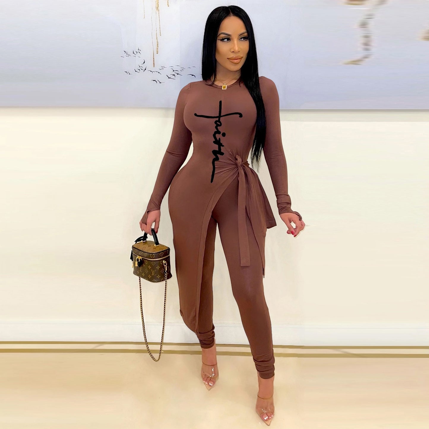 Faith Print Women Knitted Skinny Set Ladies Long Sleeve Sweater Legging Pants Suits Autumn Winter Bodycon Tracksuits Fitness Set