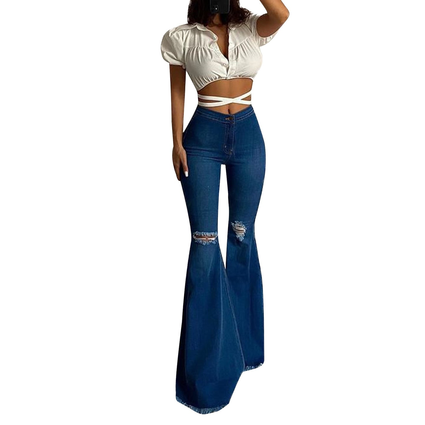 Skinny Flared Jeans High Waist Solid Color Knees Hole Tight Denim Pants Washed Wild Stylish Chic Sexy Tassel Hem Trousers