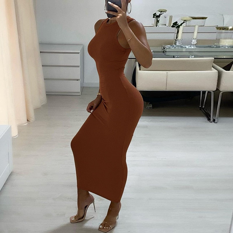 Inwoman Ribbed Knitted Summer Black White Maxi Dress For Women 2022 Sexy Bodycon Long Dress Sundress Ladies Brown Wrap Dresses