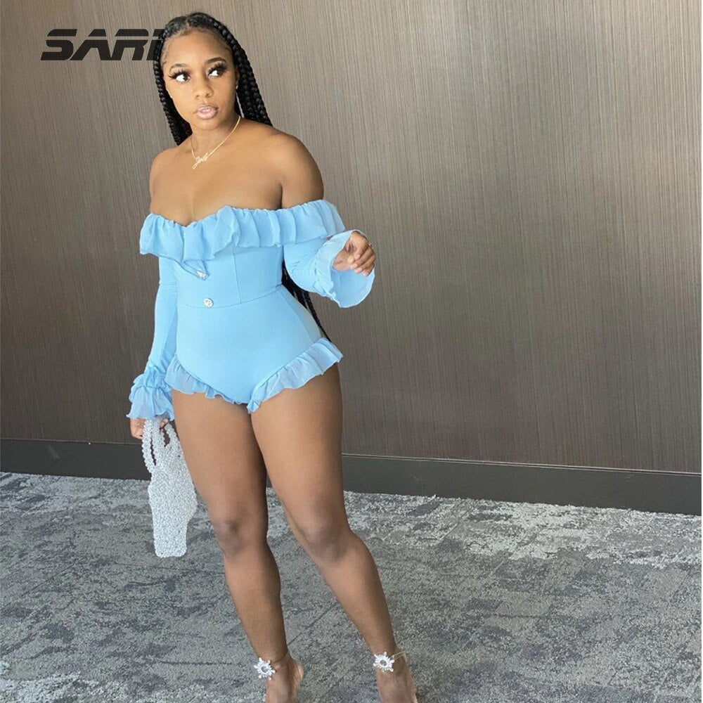 Sexy Solid Ruffle Slash Neck Jumpsuit Women Flare Long Sleeve Top Shorts Swimsuit New Mesh Patchwork Outfits For Women