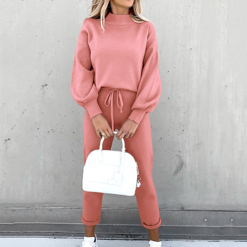 2021 autumn and winter new style women's fashion high collar leisure long sleeve solid color sweater pants two-piece set