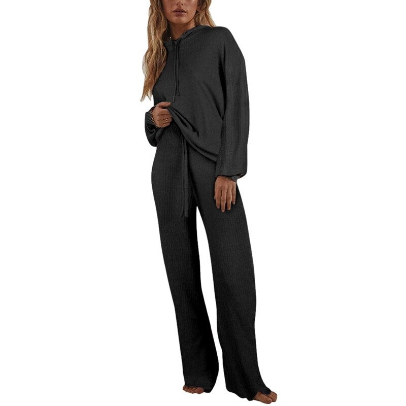 Autumn Knitted Sweat Suits Women Matching Sets Long Sleeve Hoodie+wide-legged Pants Loungewear Sweater Set Two Piece Outfits