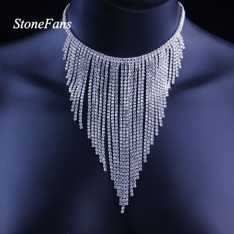 Stonefans Ethnic Long Tassel Choker Necklace Rhinestone Jewelry for Women Bohemian Geometric Crystal Statement Necklace Collar